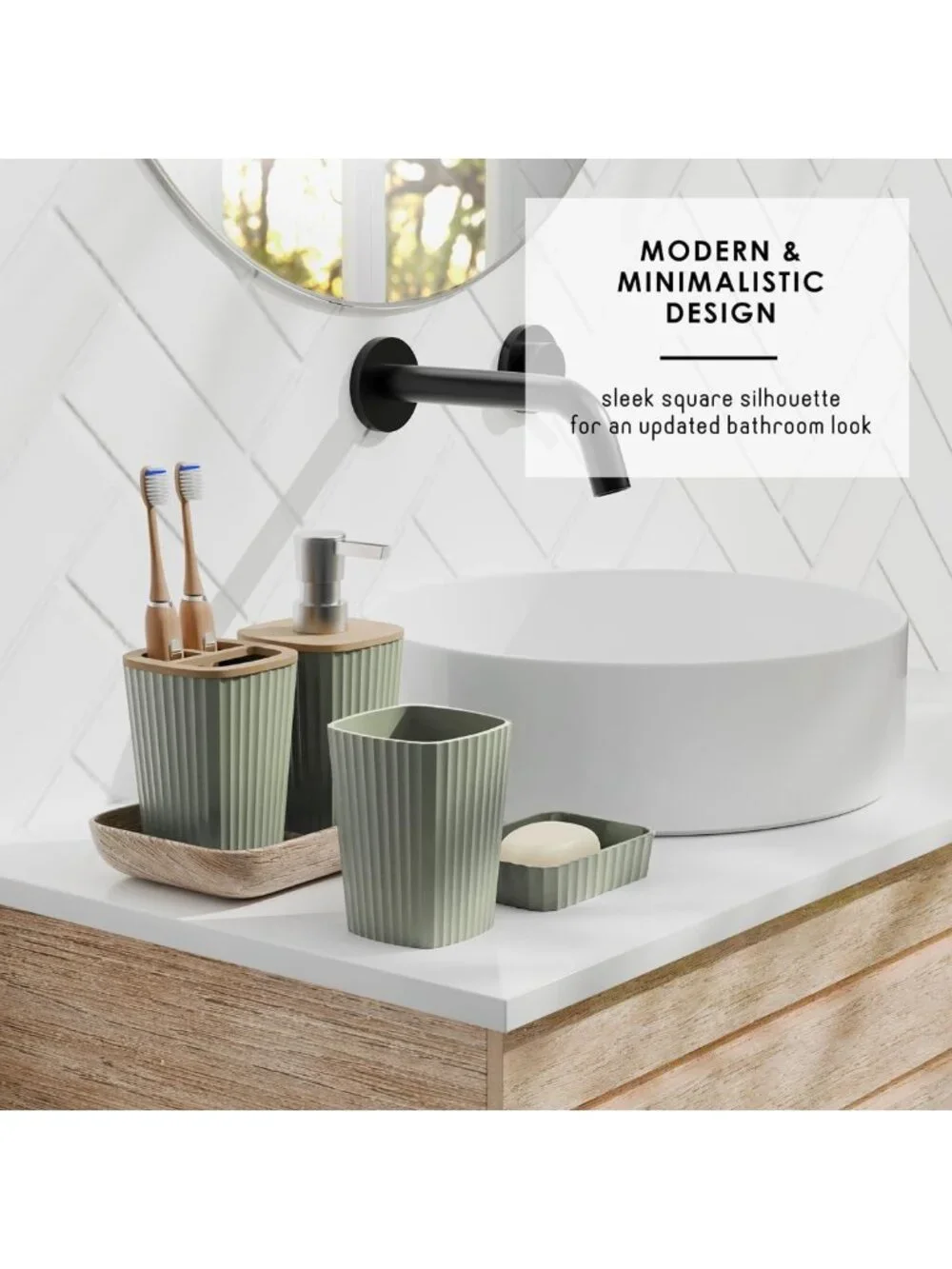 Sage Green 6PC Bathroom Accessories Set - Toilet Brush, Trash Can & Soap